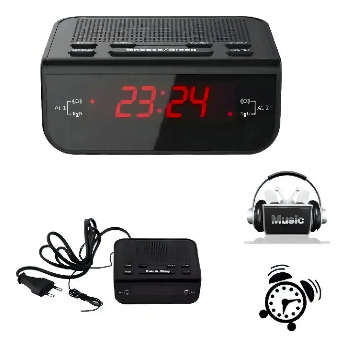 Despertador Rádio Digital Lelong Preto FM/AM com Alarme Duplo
