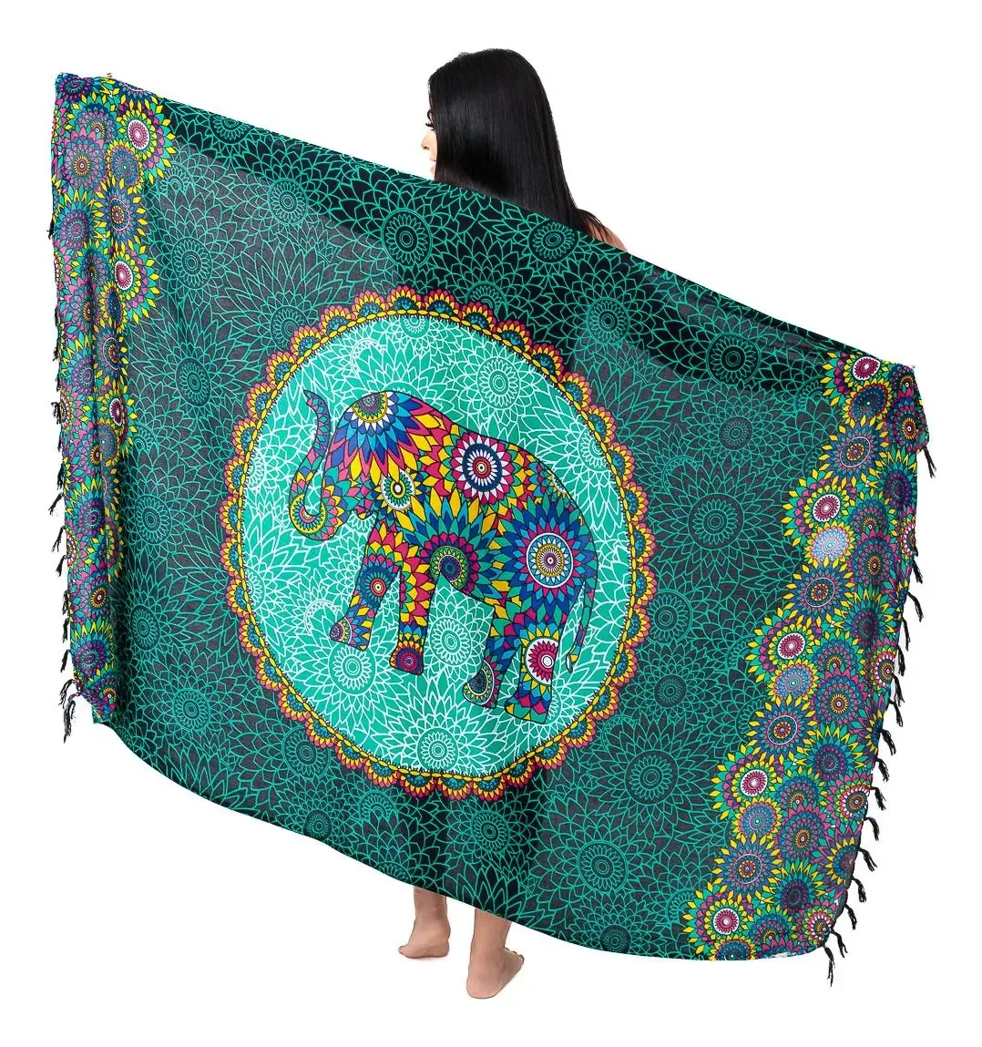 Canga de Praia Viscose Floral Elefante Verde 1,70x1,15 m Retangular