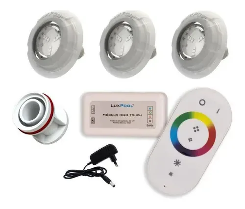 Kit 3 Luzes LED RGB para Piscina com Controle e Fonte LuxPool