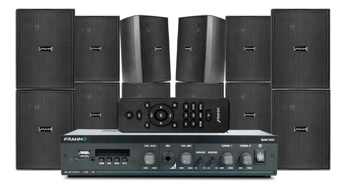 Kit Som Ambiente Loja Amplif Slim 1600 +12 Caixas Som Ps200 Cor Preto/preto Potência De Saída Rms 60 W