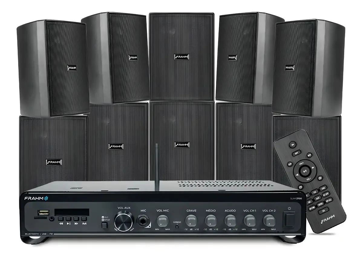 Kit Som Ambiente P/ Academias Frahm Slim 3700 +10 Caixas Som Cor Preto Potência De Saída Rms 240 W