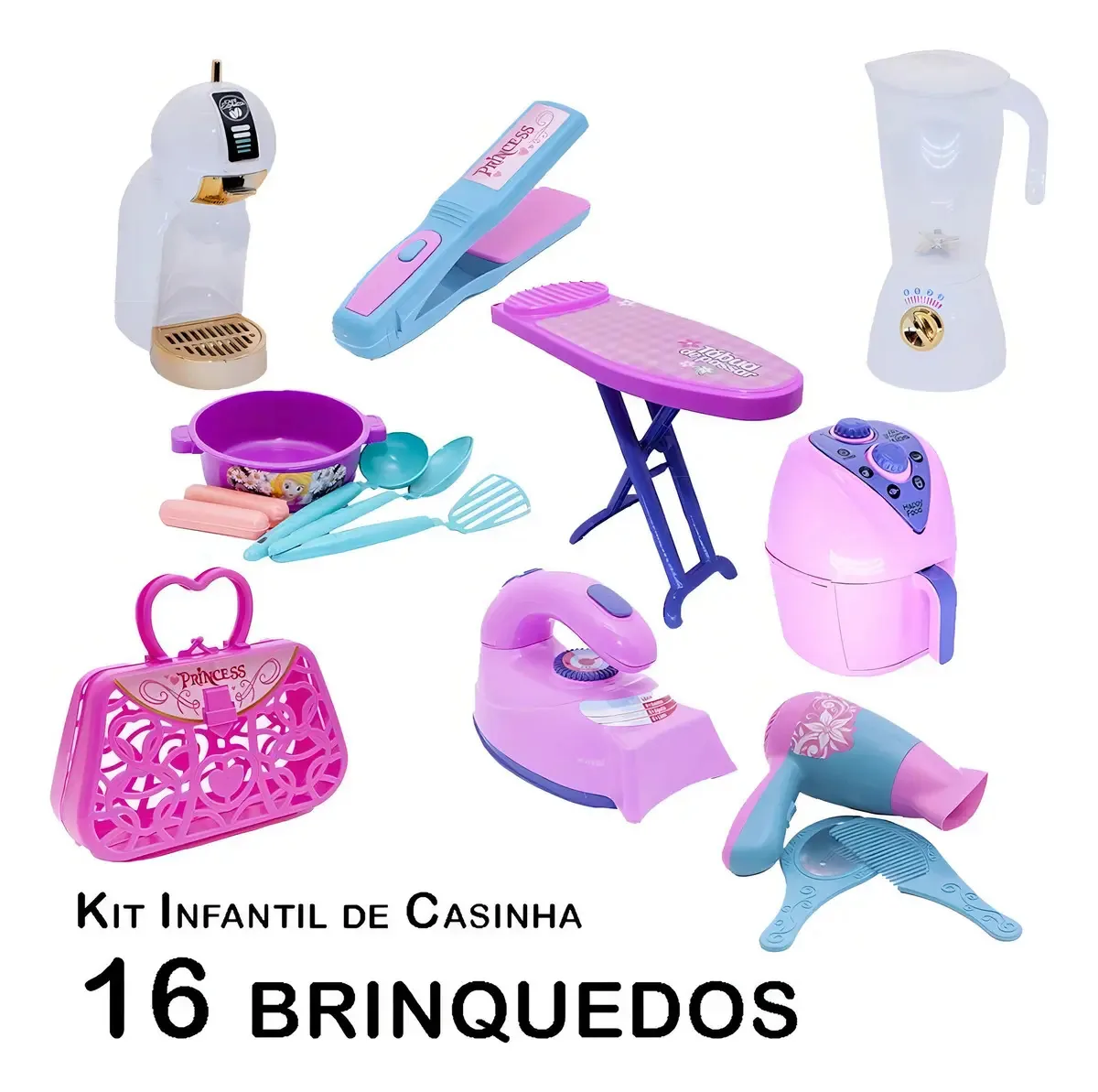 Kit Casinha Infantil Cafeteira Ferro Tábua Secador 16pç