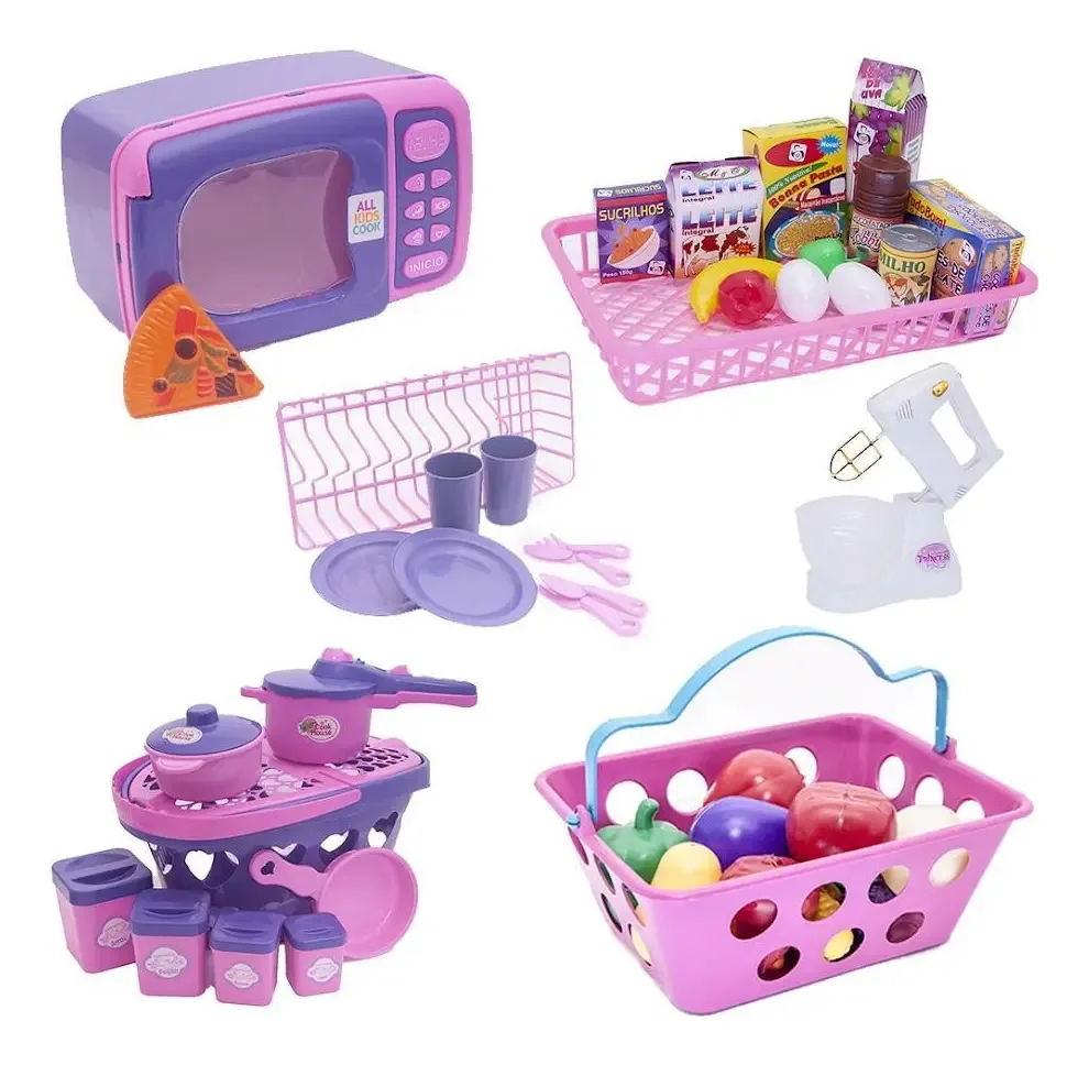 Kit Brinquedo Cozinha Eletro Panela Cesta Comida 46 Peças