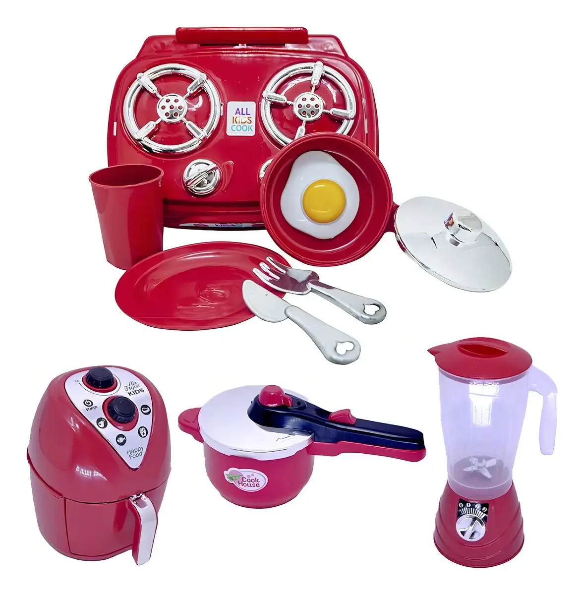 Kit Cozinha Vermelho Brinquedo Infantil Air Fryer Fogão 9pç