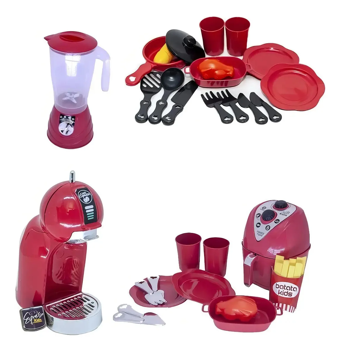 Kit Cozinha Brinquedo Cafeteira Vermelho Air Fryer Louça 12p