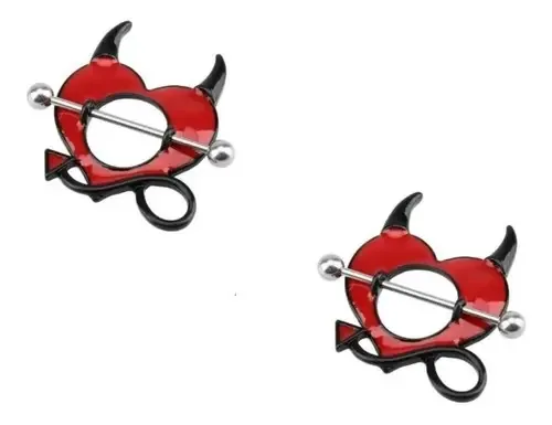 Par Piercing Mamilo Peito Titânio Coração Chifre Vermelho