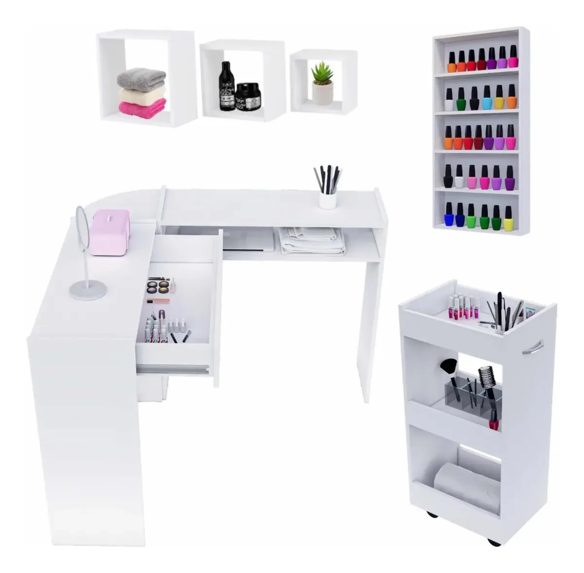 Mesa Manicure L + Porta Esmaltes + Carrinho Auxiliar + Nicho Cor Branco
