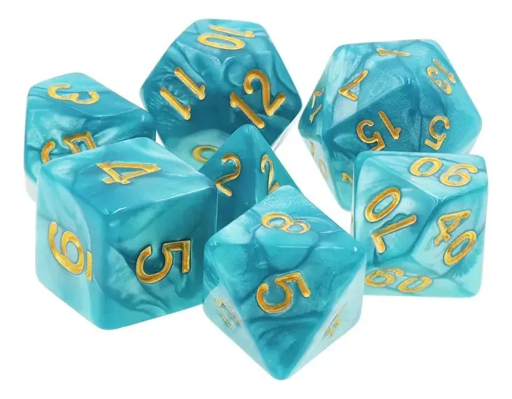 Conjunto 7 Dados RPG Basilisco Perolado Poliresina Números Azul Dourado