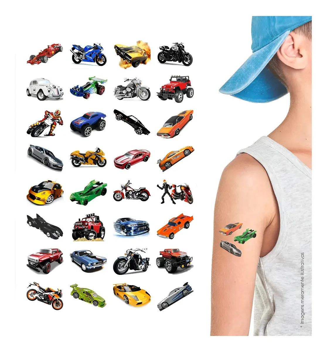 Pack 160 Tatuagens Temporárias de Carros 3 para Meninos Colorido