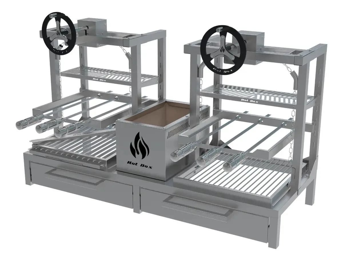Parrilla Dupla Em Inox Com Volante Espetos E Porta Frontal