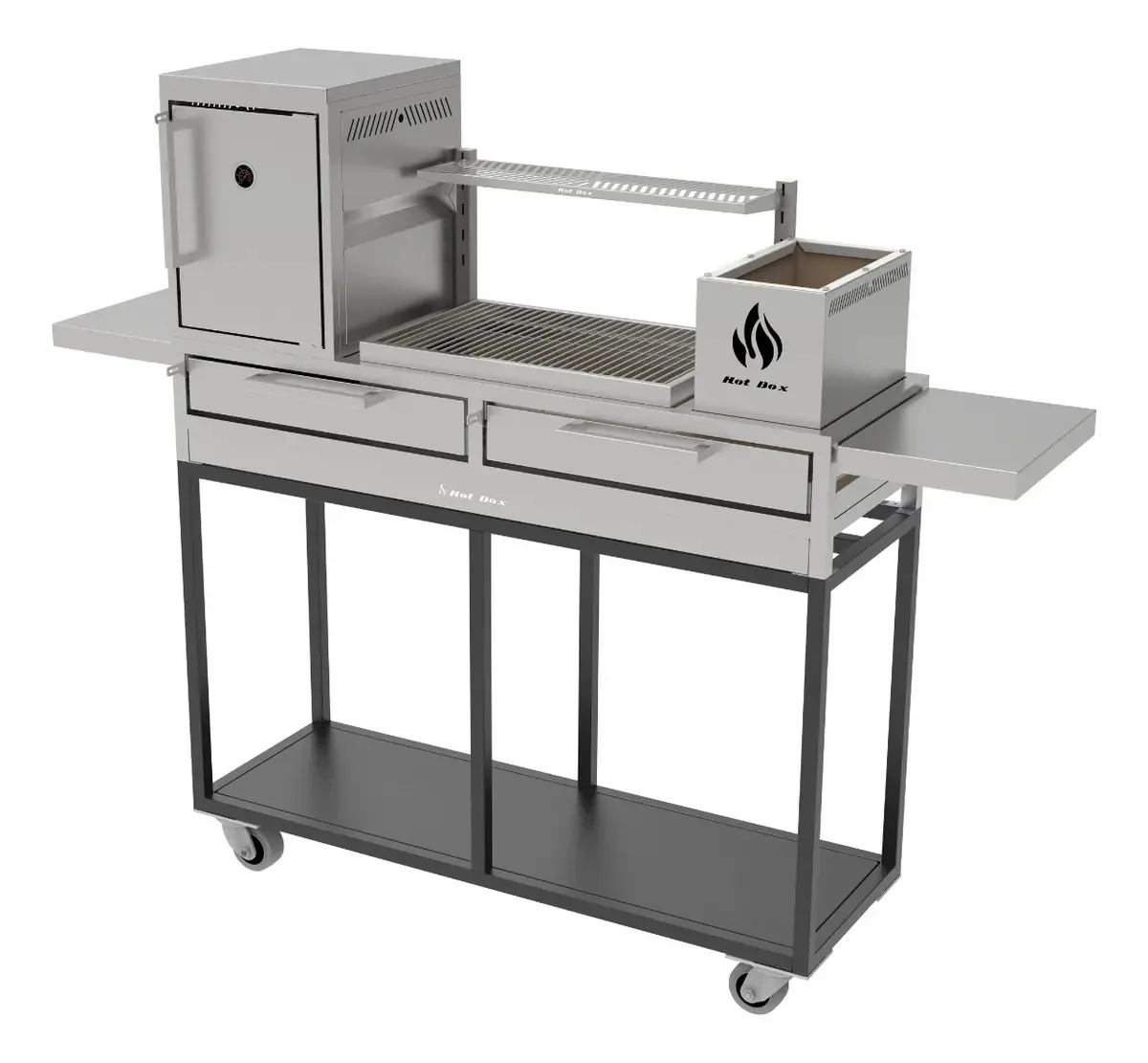 Churrasqueira 135x45 Com Carrinho, Forno E Mesa Retrátil Grelha Uruguaia