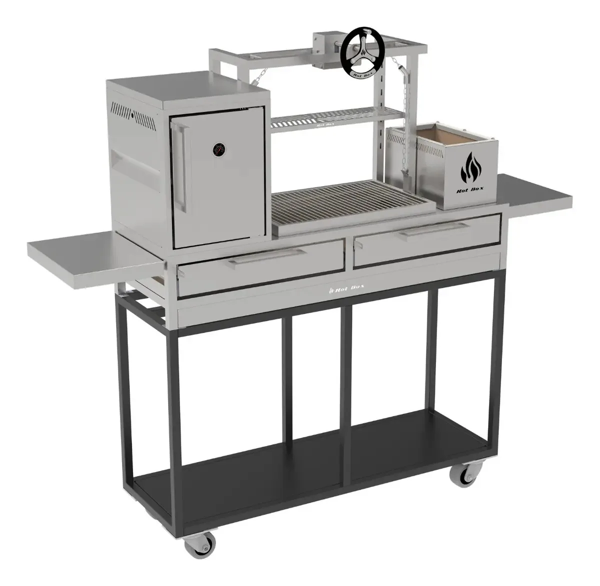 Churrasqueira 135x45 Com Carrinho Volante, Forno E Mesa Grelha Uruguaia