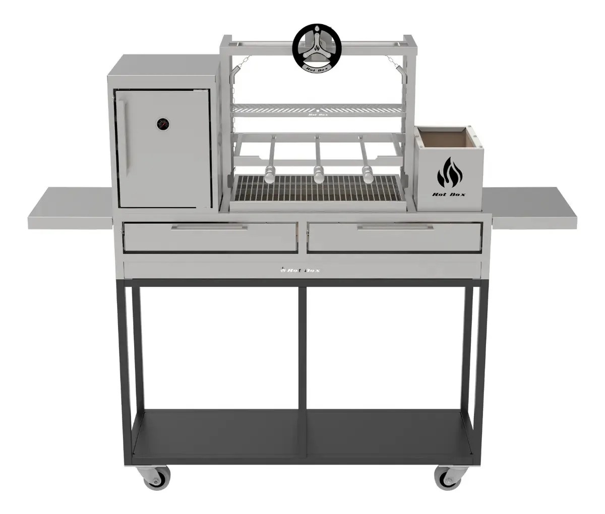 Churrasqueira 135x45 Carrinho, Volante, Espeto, Forno E Mesa Grelha Uruguaia