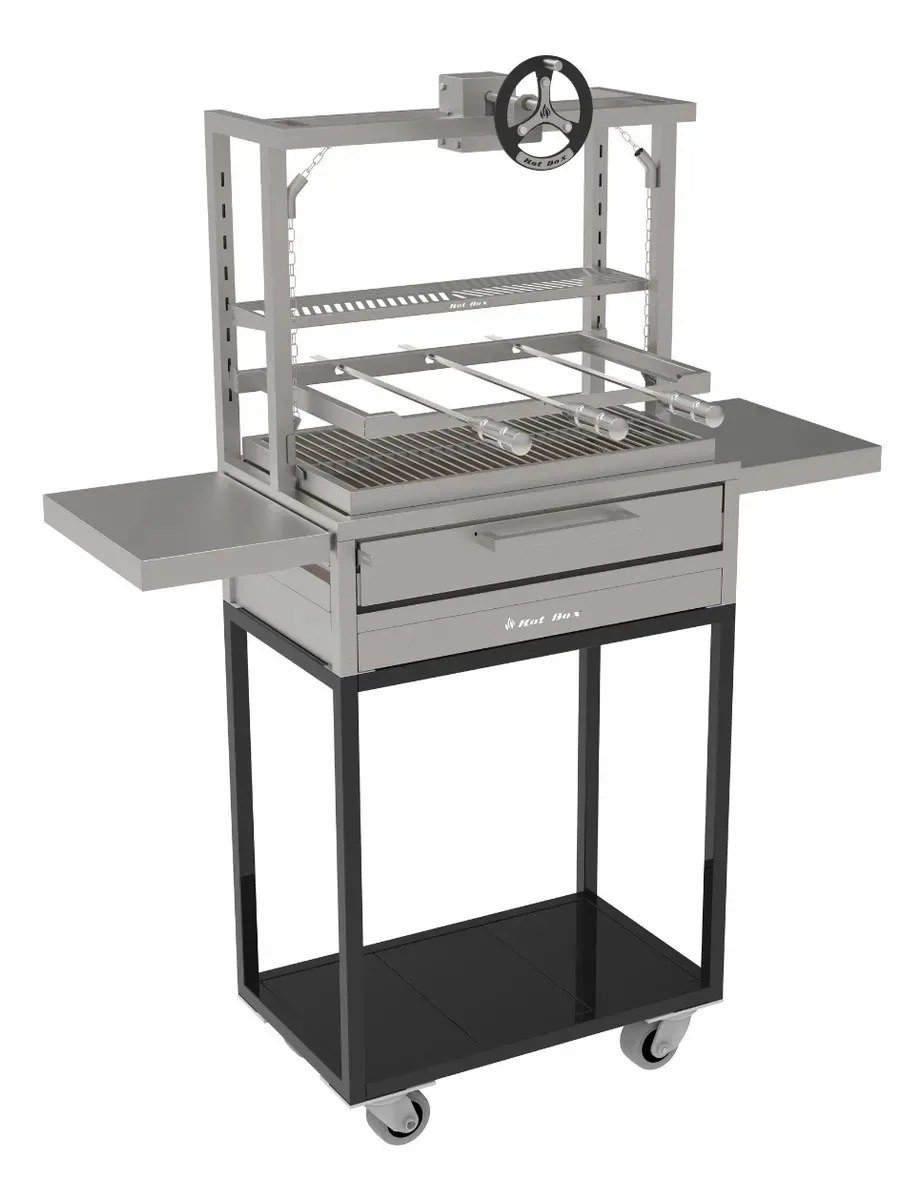 Churrasqueira Com Carrinho 74x45 Com Volante, Espetos E Mesa Grelha Uruguaia