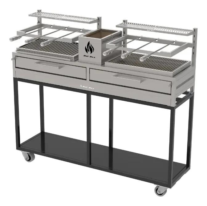 Parrilla Dupla De Inox 304 Com Carrinho E Espetos - 165x45 Grelha Argentina E Uruguaia