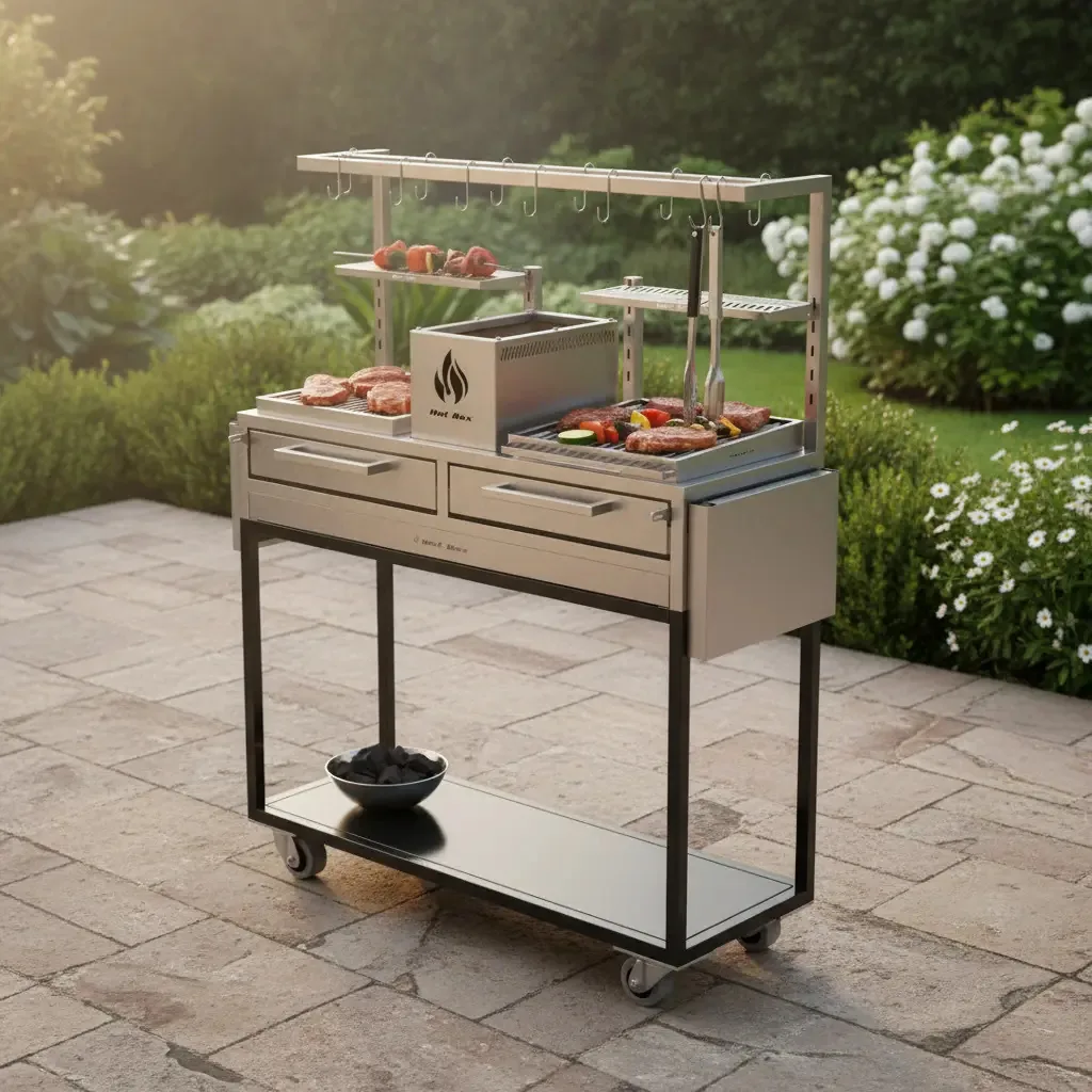 Parrilla Dupla De Carrinho De Tendal E Mesa Retrátil, 118x45 Grelha Argentina E Uruguaia