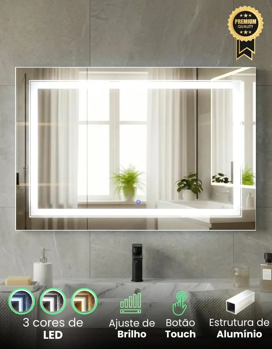 Espelho Led 1,0 x 0,70cm Retangular Grande Para Banheiro