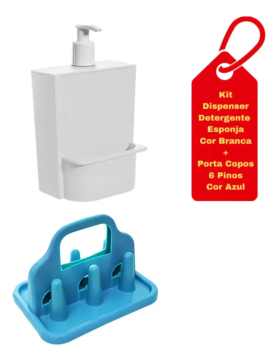 Dispenser Detergente E Esponja Pia 650ml+porta Copos 6 Pinos Cor Branco