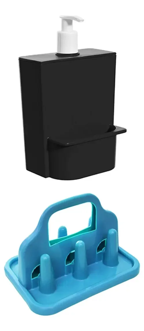 Dispenser Detergente E Esponja Pia 650ml+porta Copos 6 Pinos Cor Preto