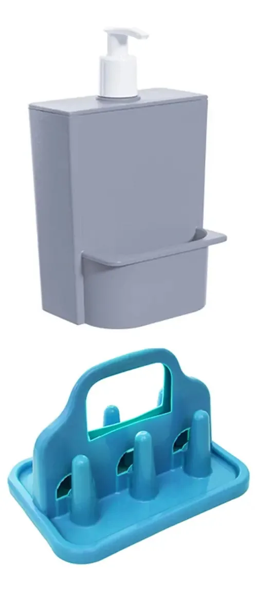 Dispenser Detergente E Esponja Pia 650ml+porta Copos 6 Pinos Cor Cinza