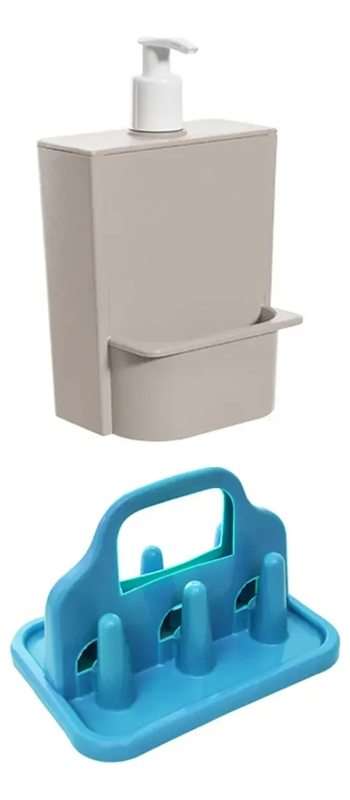 Dispenser Detergente E Esponja Pia 650ml+porta Copos 6 Pinos Cor Bege