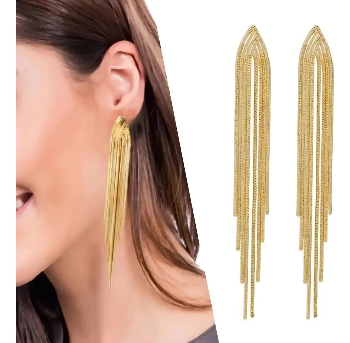Brinco Par Feminino Tassel Longo Dourado Franjas Jóia Festas