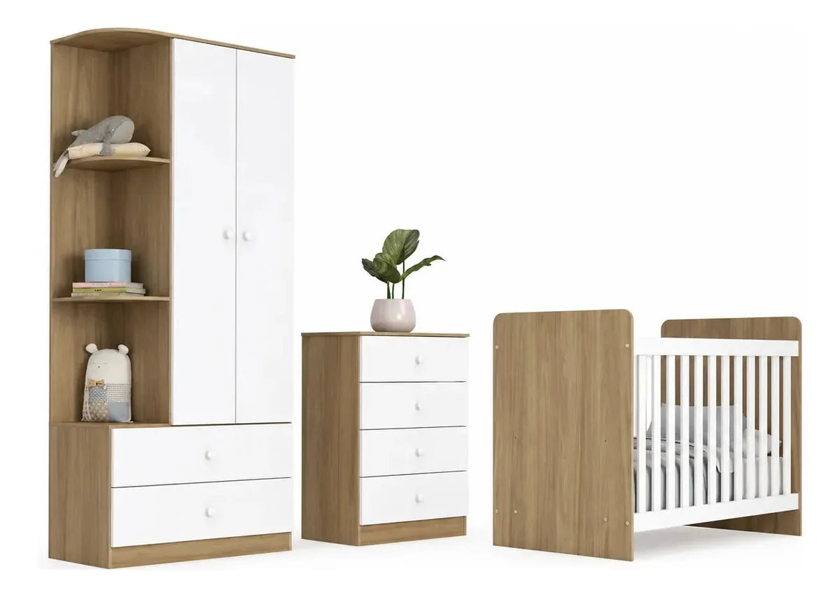 Quarto Bebê Guarda Roupa 4 Pts Cômoda Berço Sophia Casa 812 R?stico Com Branco