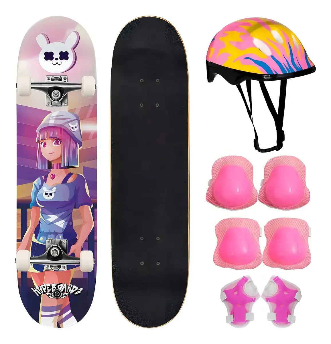 Skate Infantil Semi Profissional Menina Com Kit Segurança Rodas Branco