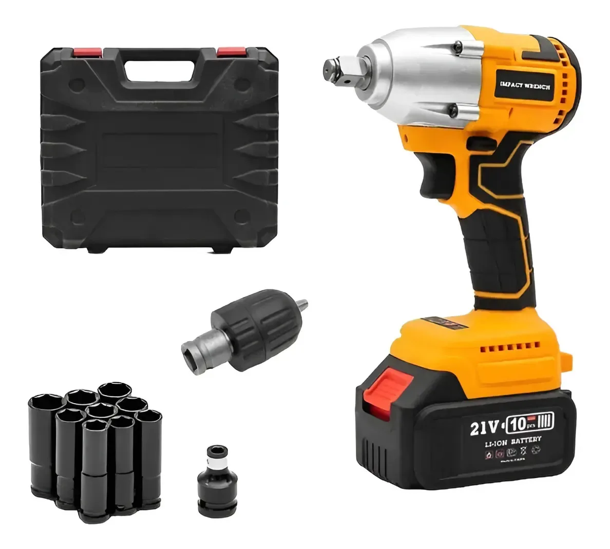 Chave De Impacto 21V Motor Brushless 350Nm Profissional 1 Bateria Grande Parafusadeira Furadeira + 9 Soquetes E Maleta Mandril Cor Laranja Hilda