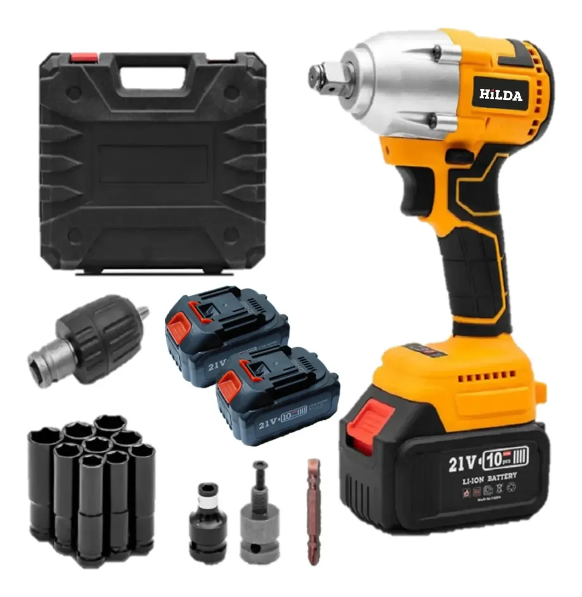Chave De Impacto Brushless 350Nm Parafusadeira Furadeira Profissional 2 Baterias Grandes 21v + 9 Soquetes E Maleta Mandril 10mm Hilda