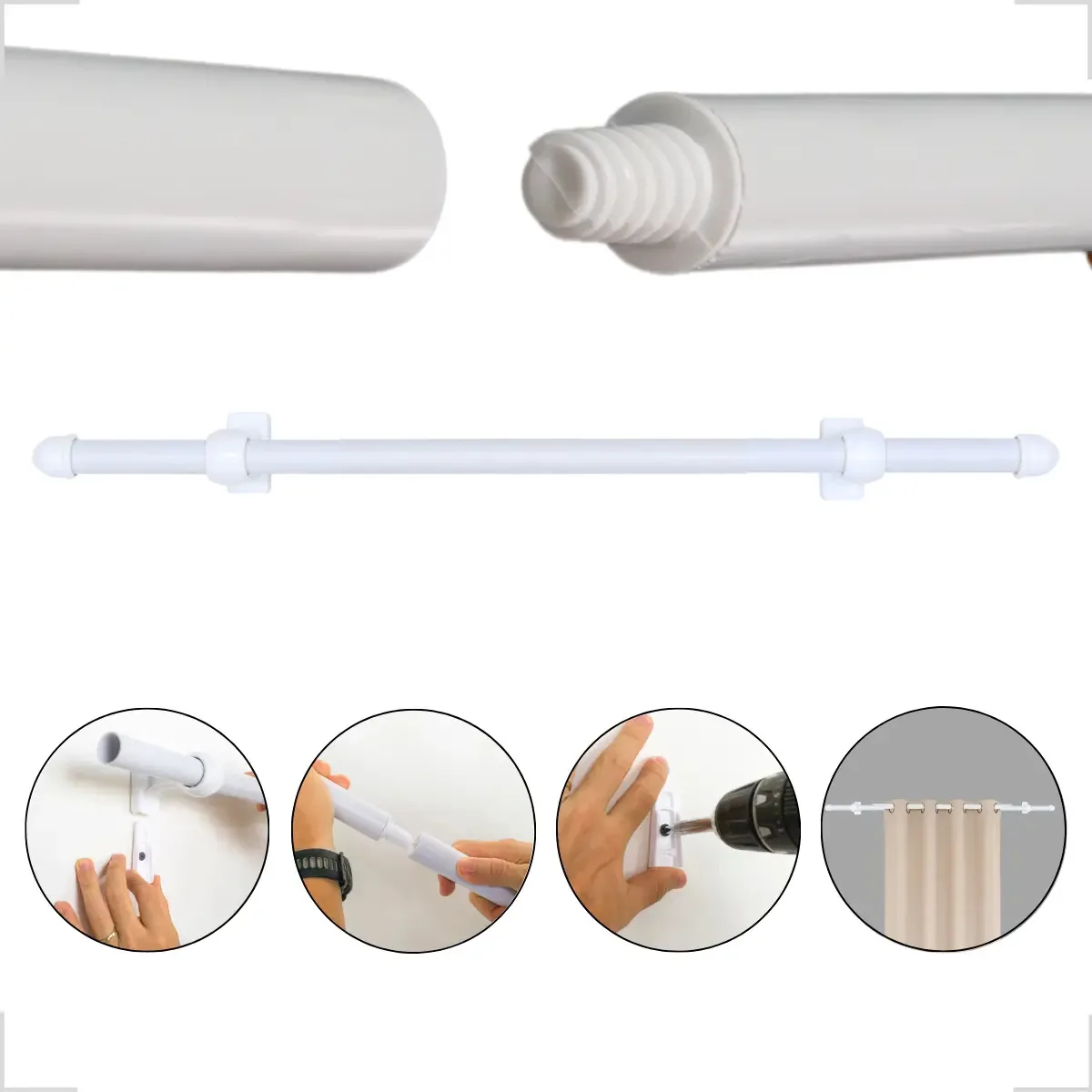 3 Varões Rosqueado Plástico Com Rosetas Cortina Cozinha Sala Cor Branco