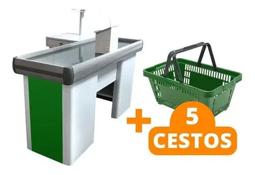Caixa Check-out Empacotador 1,5m + 5 Cestos De Compras Verde