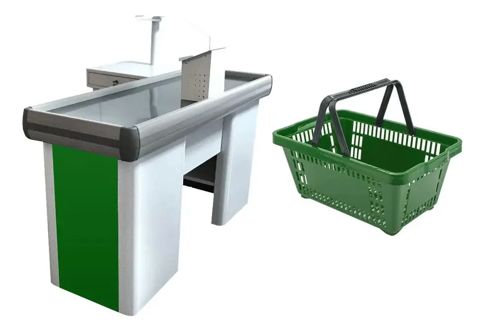 Balcão para Checkout Reto de 1.5 m Com 10 Cestos para Compras Verdes