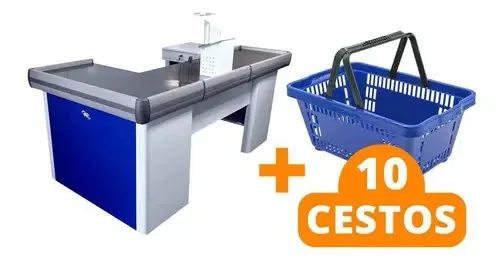 Caixa Check-out 2m Sa Gondolas KIT1023 Azul +10 Cestos de Compras