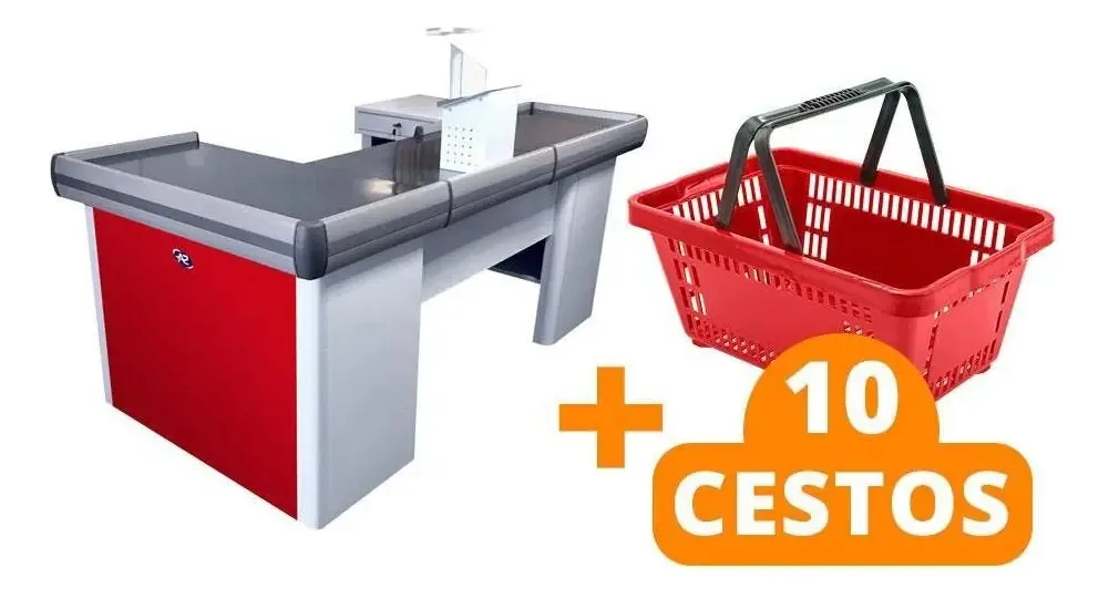 Caixa Check-out U com Recorte Sa Gondolas Vermelho Modelo KIT1026 2m 10 Cestos Aço