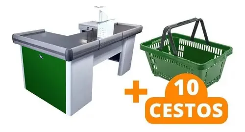 Caixa Empacotador Check-out 2m + 10 Cestos De Compras Verde