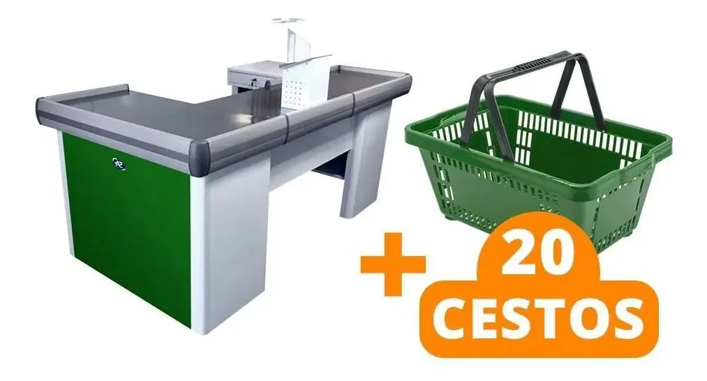 Balcão Check-Out 2m Recorte Balança e 20 Cestos Compras Verde Sa Gondolas