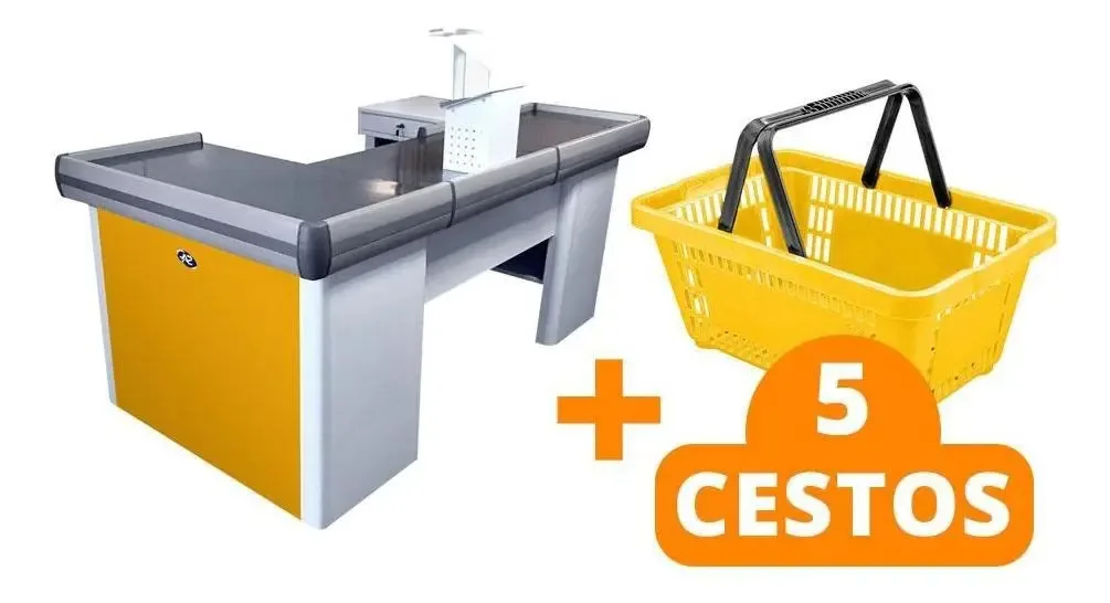 Caixa Check-out Empacotador 2m + 5 Cestos De Compras Amarelo
