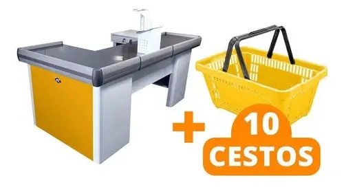 Caixa Check-out Retangular Sa Gondolas Kit1032 2m Amarelo com Para-choques + 10 Cestos