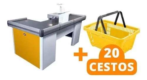 Caixa Check-out U Amarela Sa Gondolas KIT1033 + 20 Cestos Compras