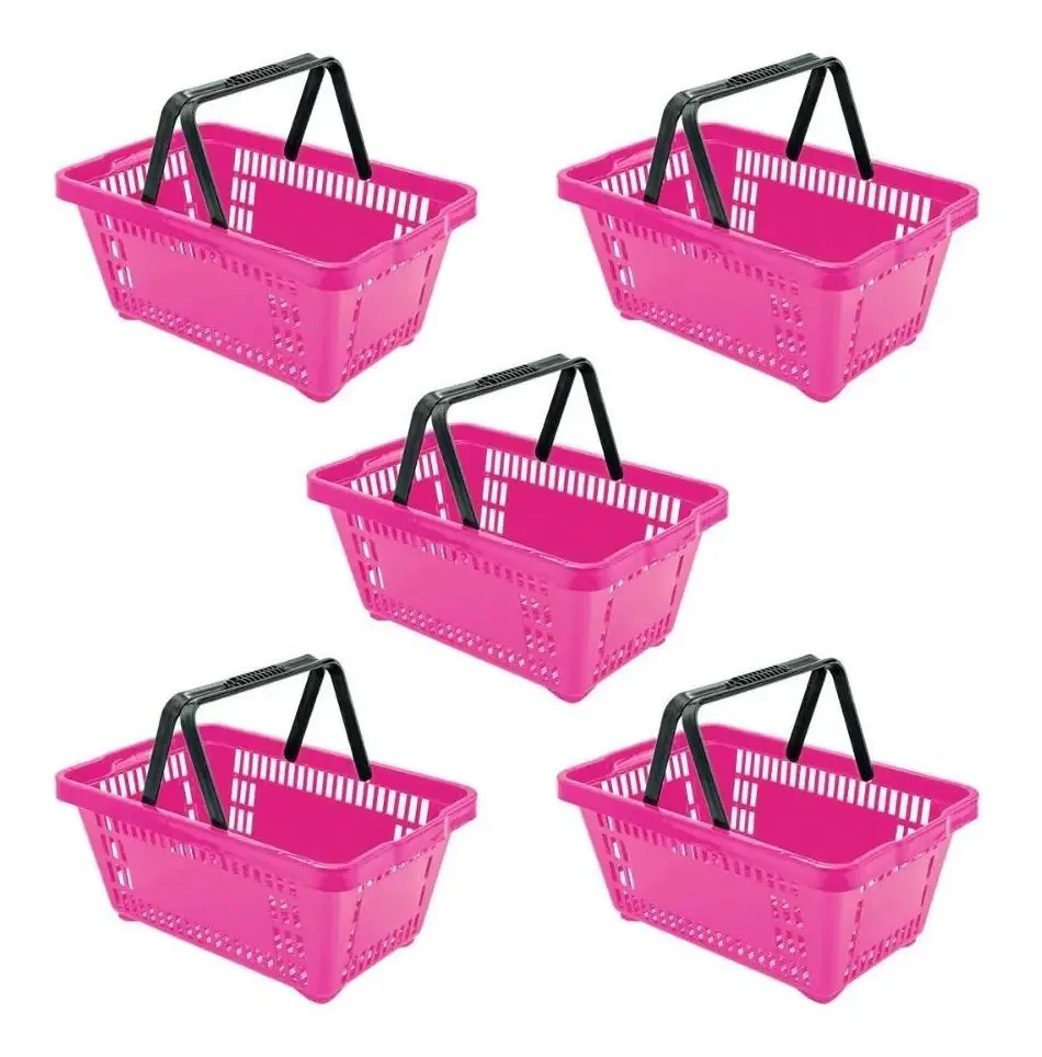 5 Cestos Compras Plástica Resistente D100 Rosa Supermercado Rosa