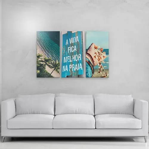Conjunto Kit 3 Placas Quadros Decorativos Mar Concha 64x40cm
