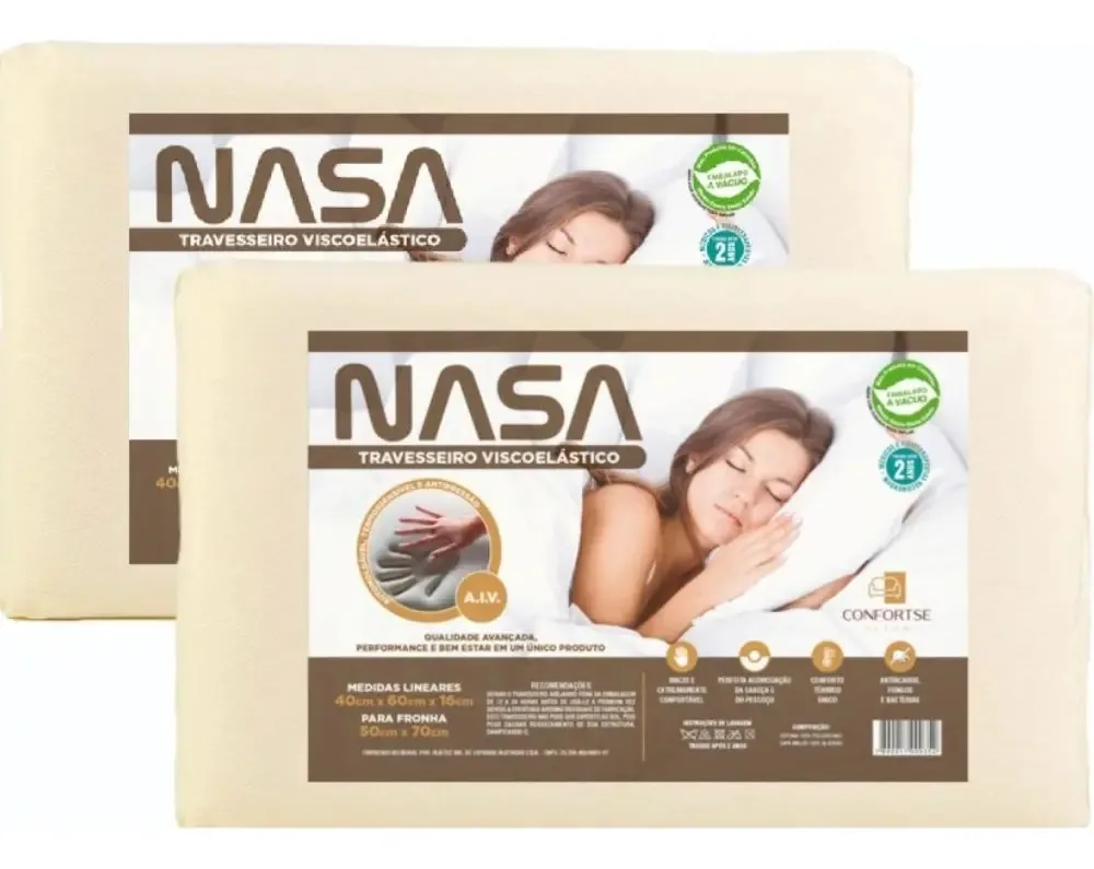 Kit 2 Travesseiros Nasa Viscoelástico Alto 60x40 Cm