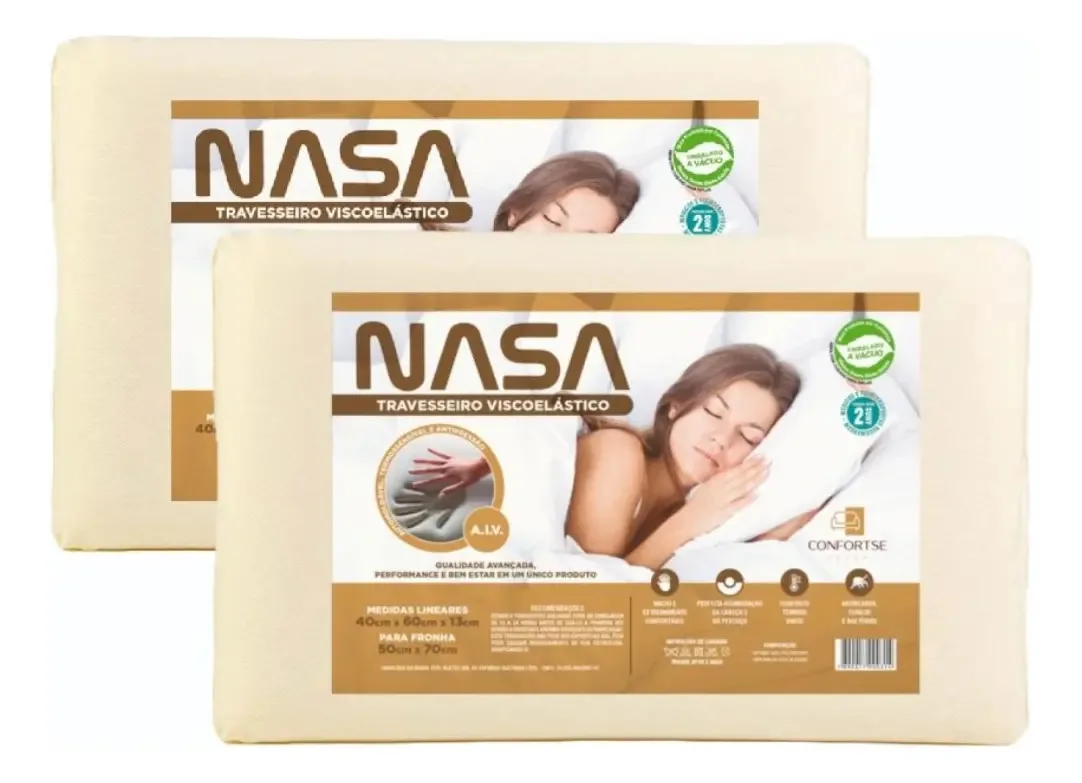 Kit 2 Travesseiros Nasa Viscoelástico Médio 60x40 Cm