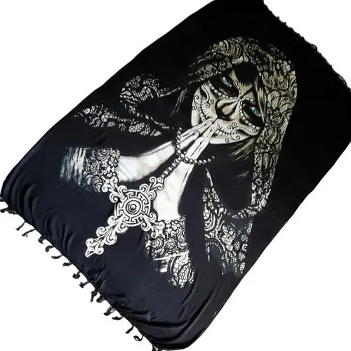 Canga De Praia Estampa Catrina Viscose Cor Preta