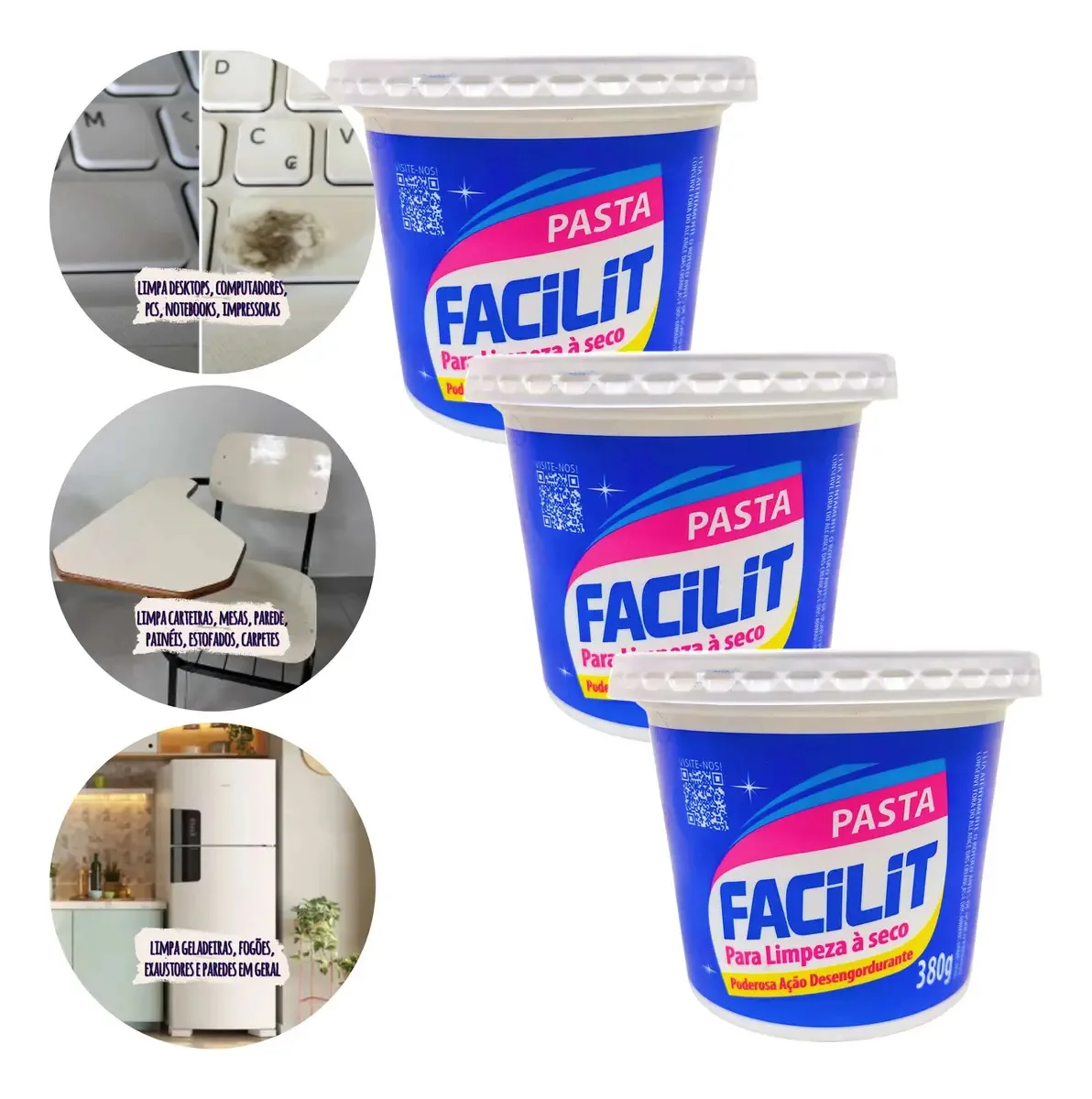 Kit 3 Pasta Limpeza Seco Facilit 380g Computador Impressora