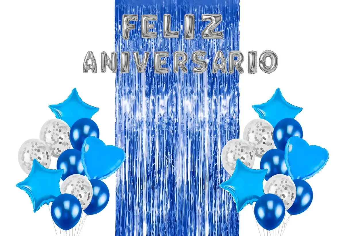 Kit Decoração de Aniversário Azul com Balões e Cortina Metalizada