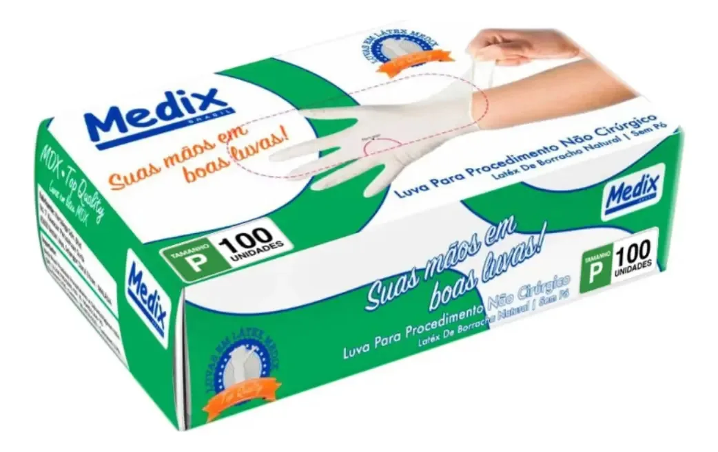 100 Luvas Latex Descartáveis Antiderrapantes Medix Tamanho P