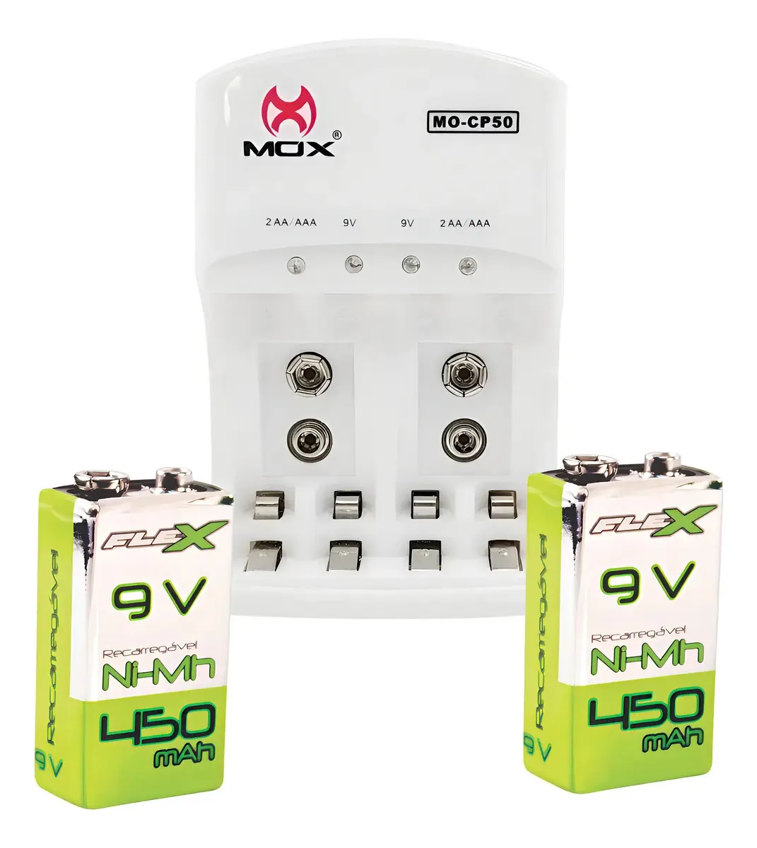 Carregador Bivolt + 2 Baterias 9v Recarregavel 450 Mah Flex