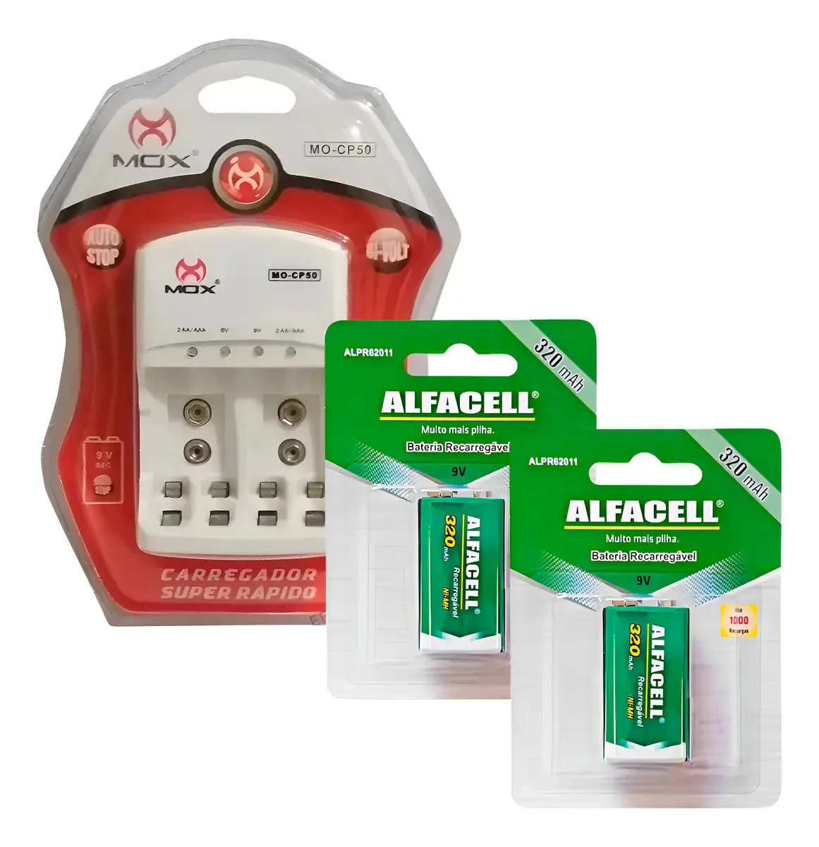 Carregador de Pilhas Recarregáveis Mox MO-CP50 + 2 Baterias 9V Alfacell